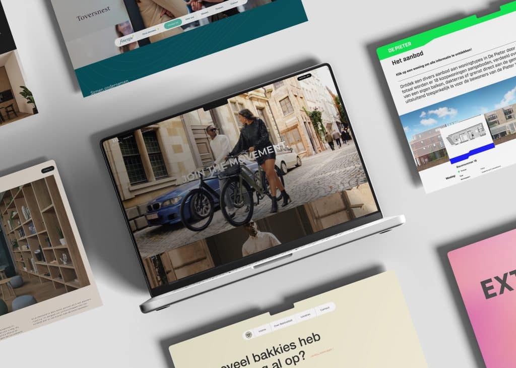 Voorbeeld van webdevelopment door PWRD: vier afgeronde klantprojecten in een visuele mock-up