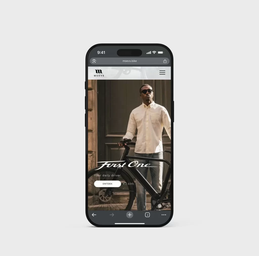 iPhone mockup van de MOEVS Bike website, ontworpen en ontwikkeld in WordPress door PWRD.