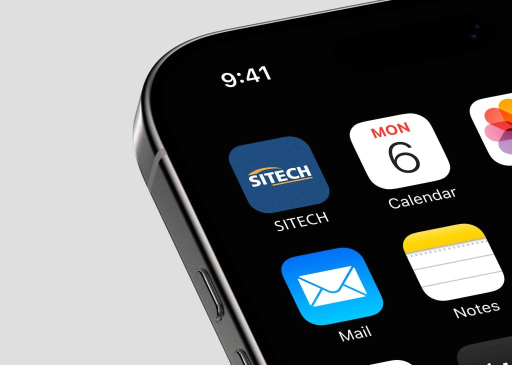 iPhone scherm met mockup van de SITECH support app, ontwikkeld door PWRD.