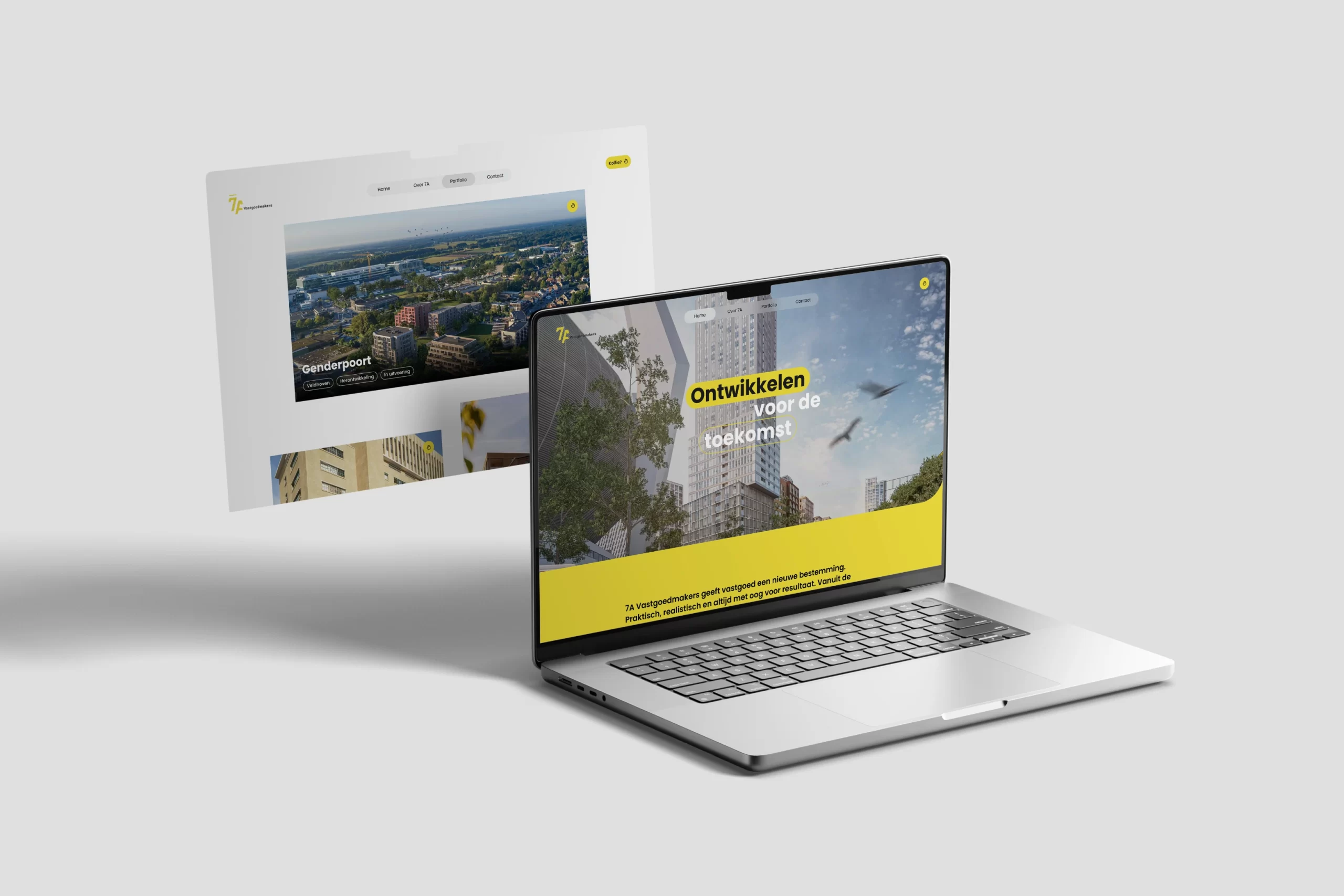 Mockup van 7A Vastgoedmakers website op laptop met strak modern ontwerp.