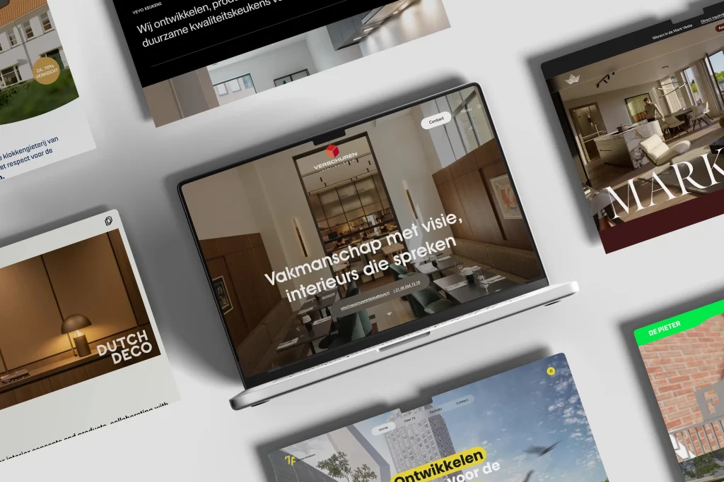 Mockup met meerdere PWRD websites op laptops die verschillende designcases tonen